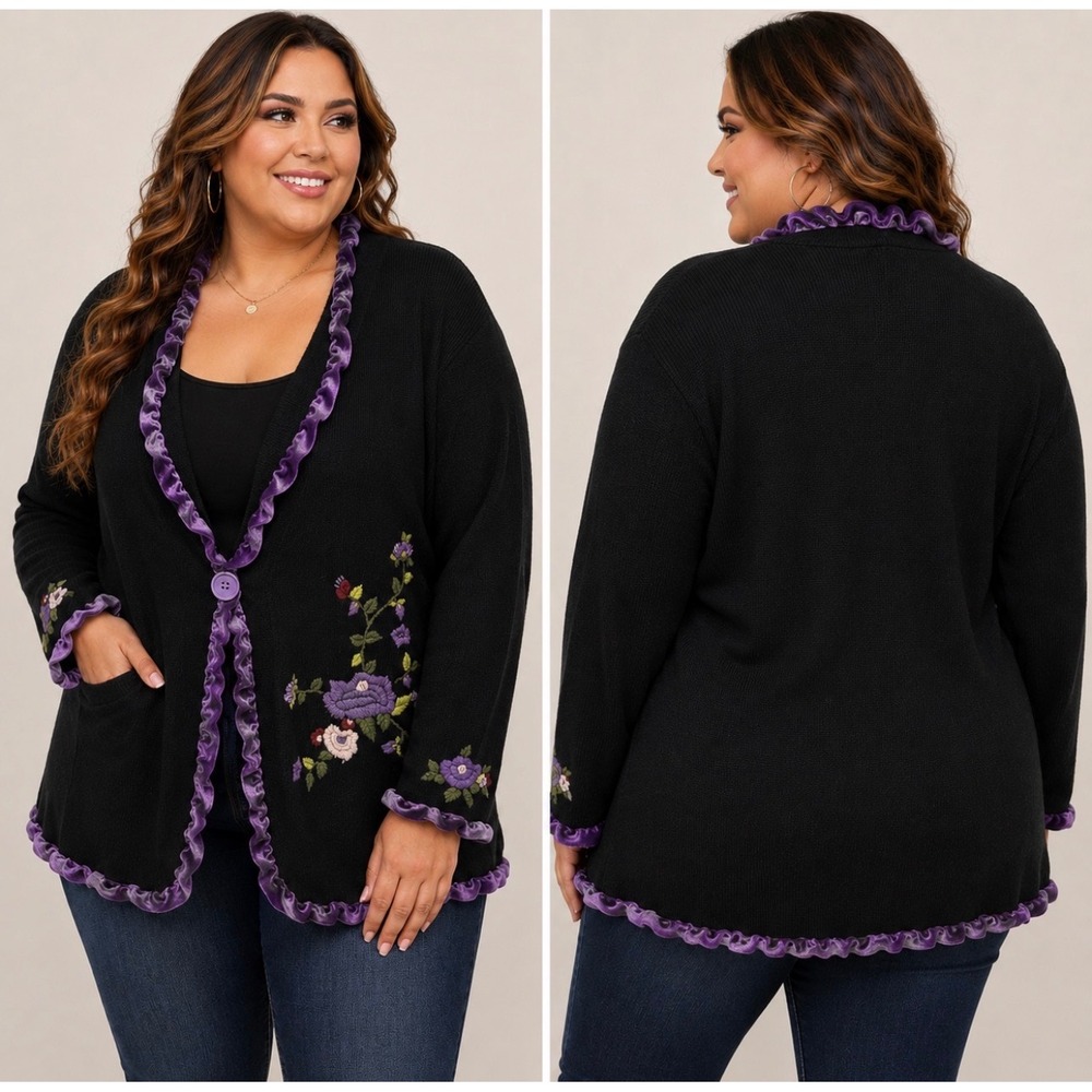 Kim Parrish Collection Womens 2X Black Purple Floral Embroidered Ruffle Cardigan
